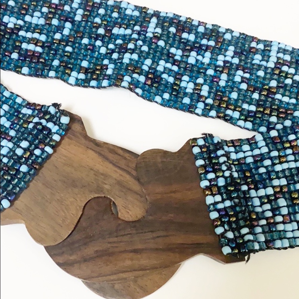 Anthropologie Teal Beaded Wooden Buckle Belt